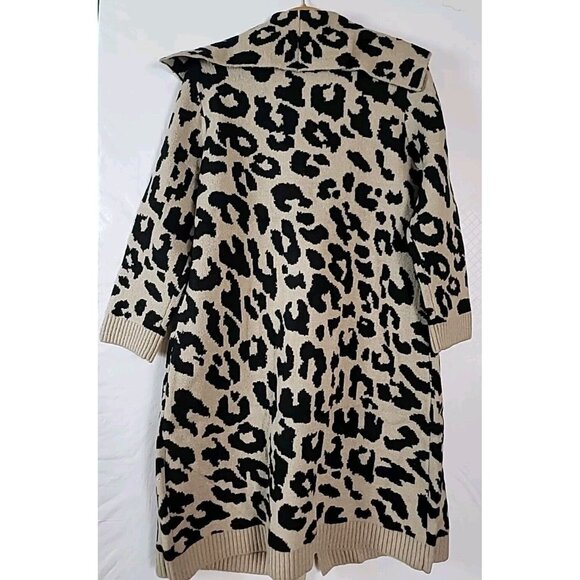 Nina Leonard Cardigan Duster Sweater L Black Tan Leopard Print Soft Oversized - Picture 4 of 11